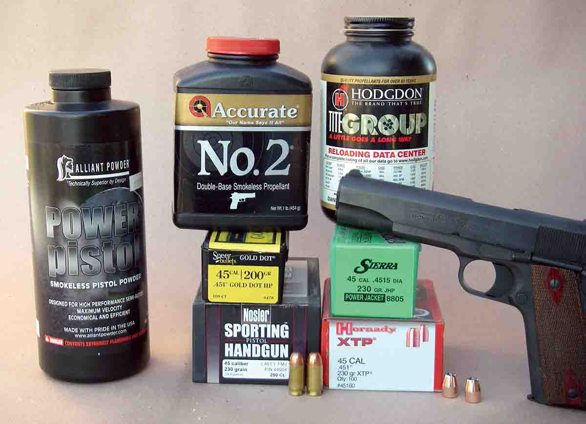 Several handloads were assembled and tried in the Colt Government Model .45 ACP.